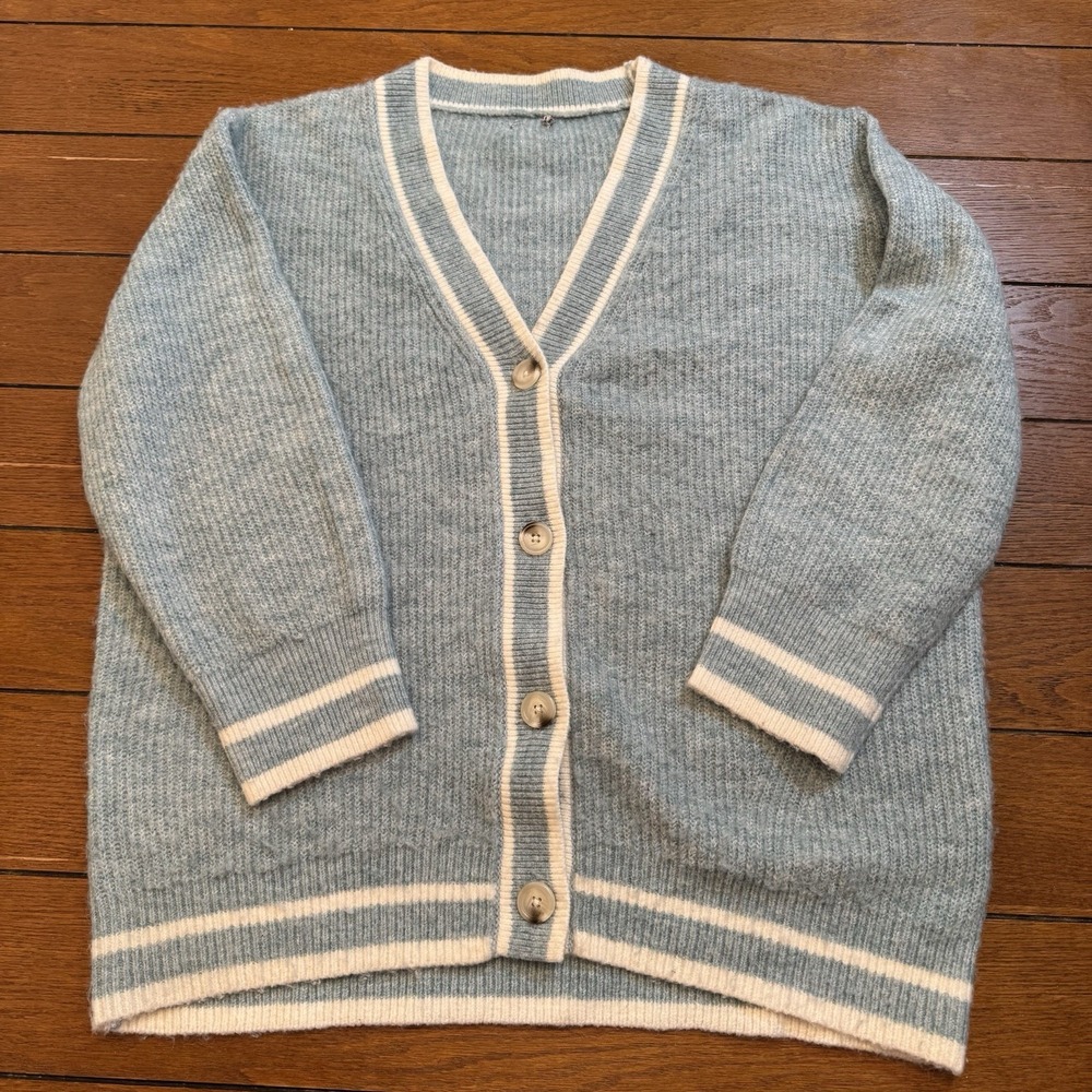 Wild Fable Varsity Stripe Button Up Cardigan Sweater Blue Cozy Soft Knit Medium